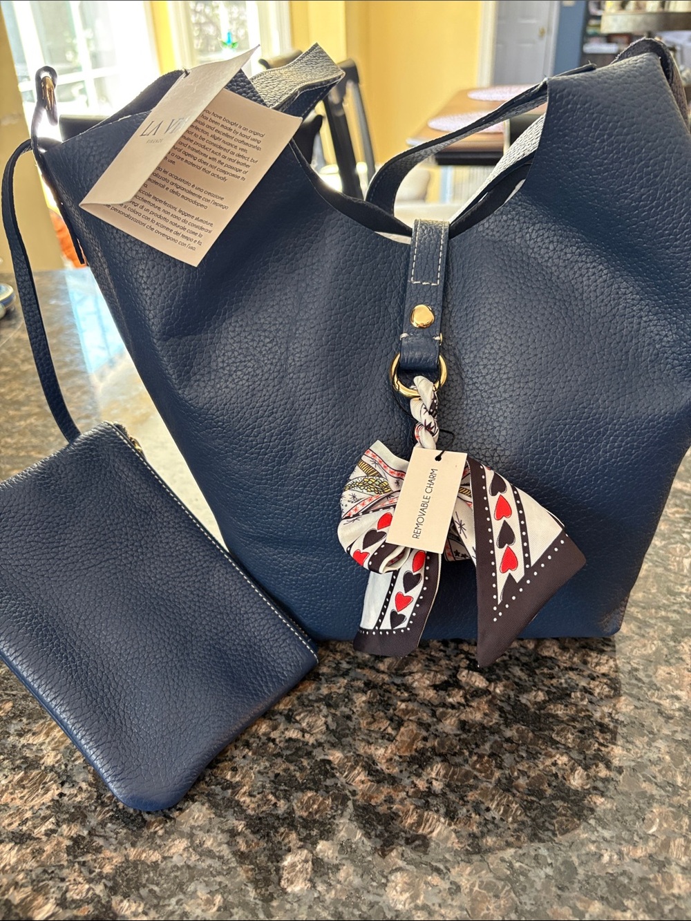 La via leather made in Italy blue bag with attached pouch brand new with tags